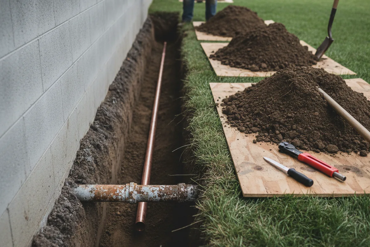 Excavated water line trench during Water Heater Repair in Howard